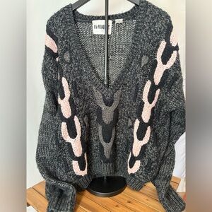 Vintage INDEX 80’s Chunky Cable Knit Gray N Pink Sweater Women’s Size Large Warm